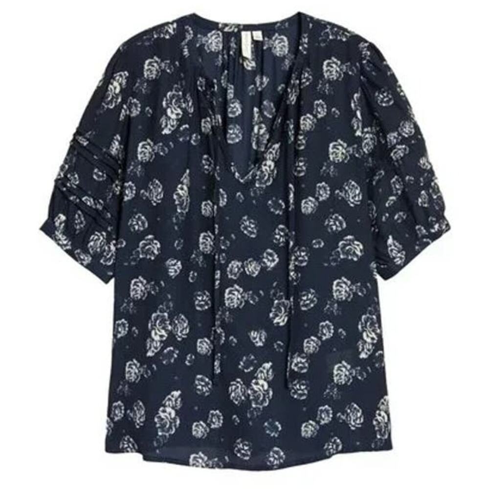 Treasure & Bond Pleat Sleeve Peasant Blouse Sz XS/Extra Small in Navy Floral NWT